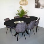 Eettafel Mango Ovaal Zwart 6 eetkamerstoelen Dean Stof Adore Dark Grey