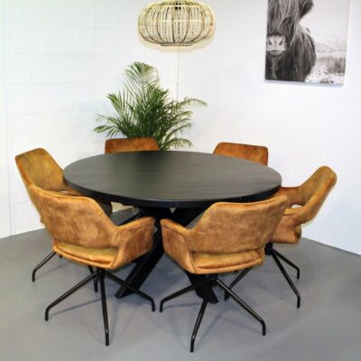 Eettafel Eiken Rond Rustiek met spinpoot elegans en Eetkamerstoelen Madore Stof Adore Gold